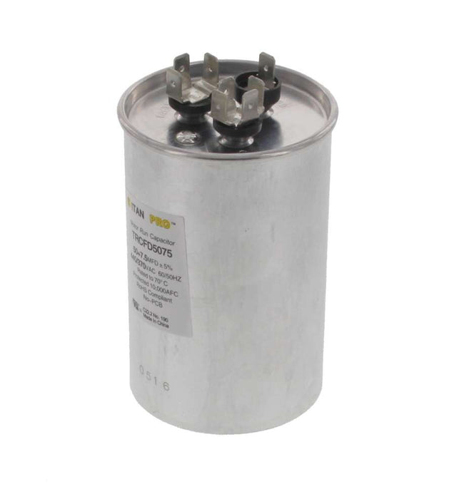 TRCFD5075 HVAC Dual Run Capacitor, 50 + 7.5 MFD, 440/370V, Round