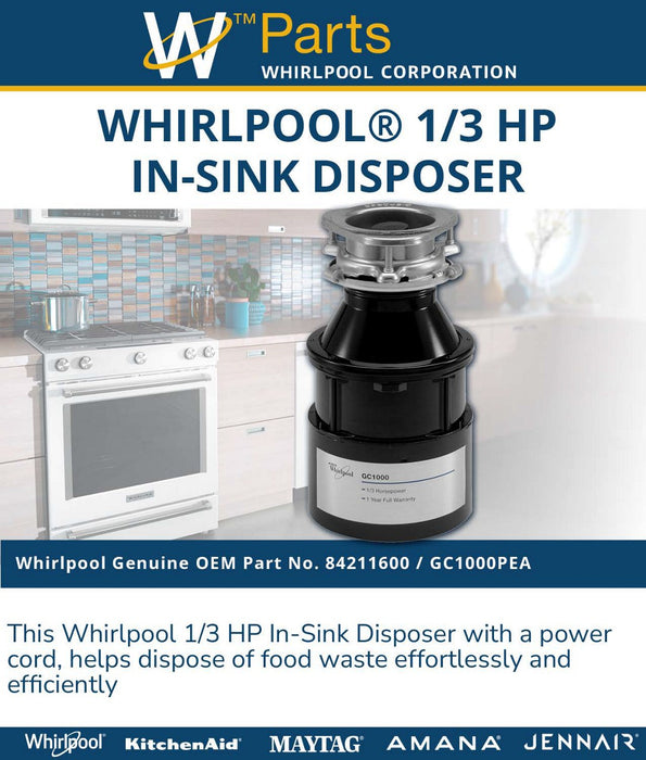 Whirlpool 1/3 HP Continuous Feed Garbage Disposal with Power Cord - 84211600