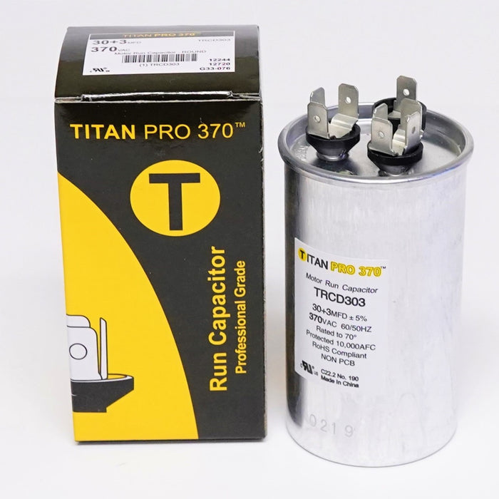 TRCD303 HVAC Dual Run Capacitor, 30 + 3 MFD, 370V, Round