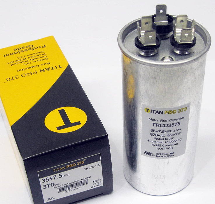 TRCD3575 HVAC Dual Run Capacitor, 35 + 7.5 MFD, 370V, Round