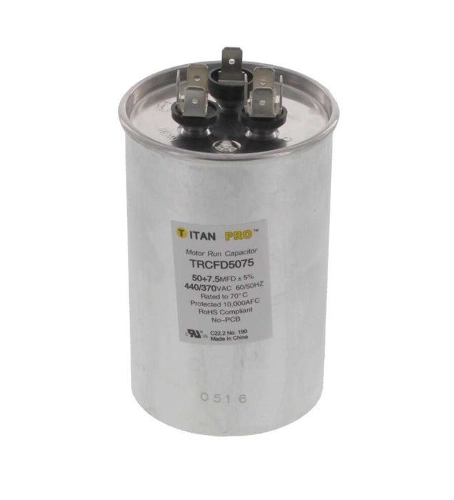 TRCFD5075 HVAC Dual Run Capacitor, 50 + 7.5 MFD, 440/370V, Round