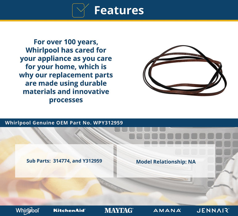 Whirlpool Dryer Drum Drive Belt - WPY312959