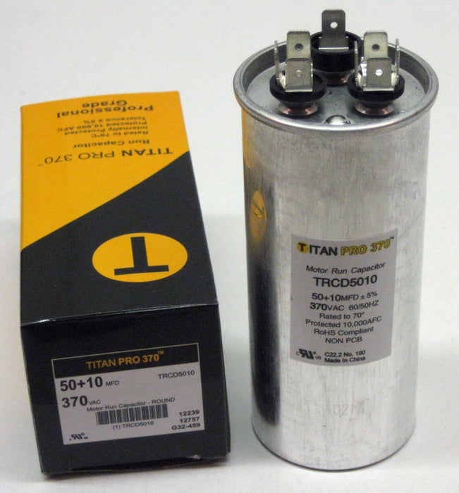 TRCD5010 HVAC Dual Run Capacitor, 50 + 10 MFD, 370V, Round