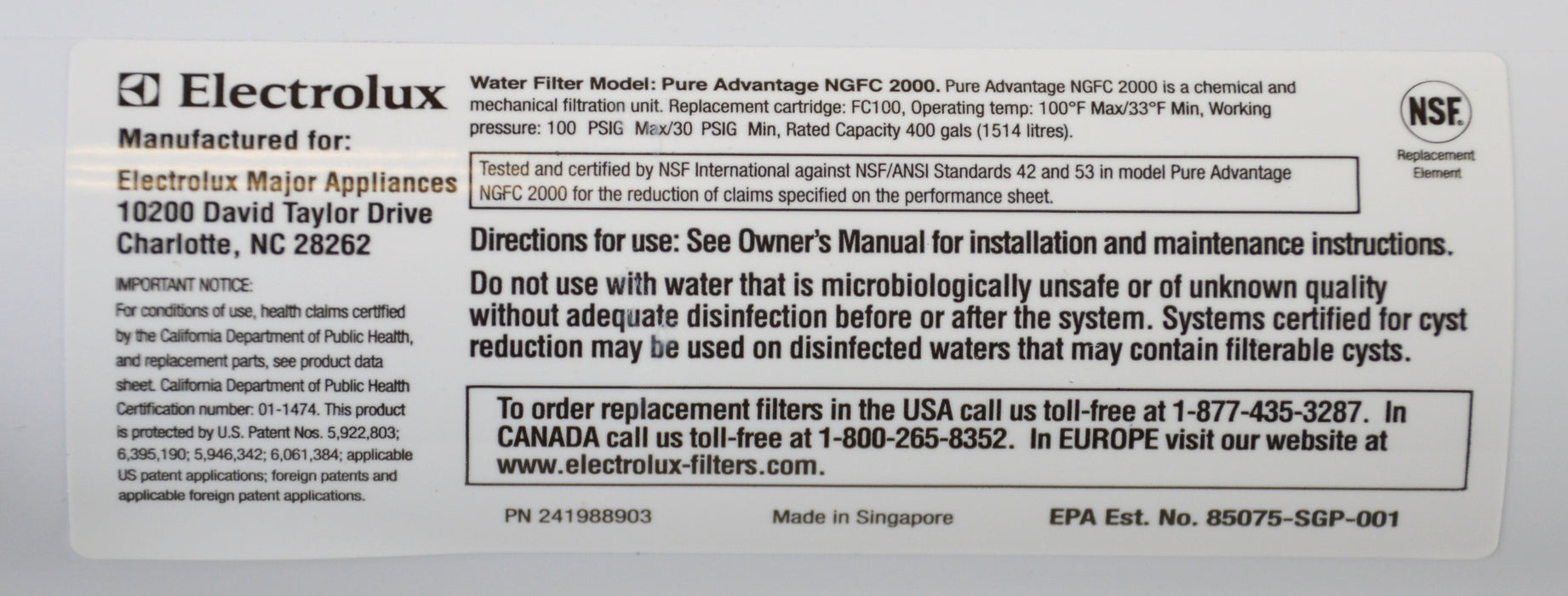 ELECTROLUX PS2 WATER FILTER EWF2CBPA